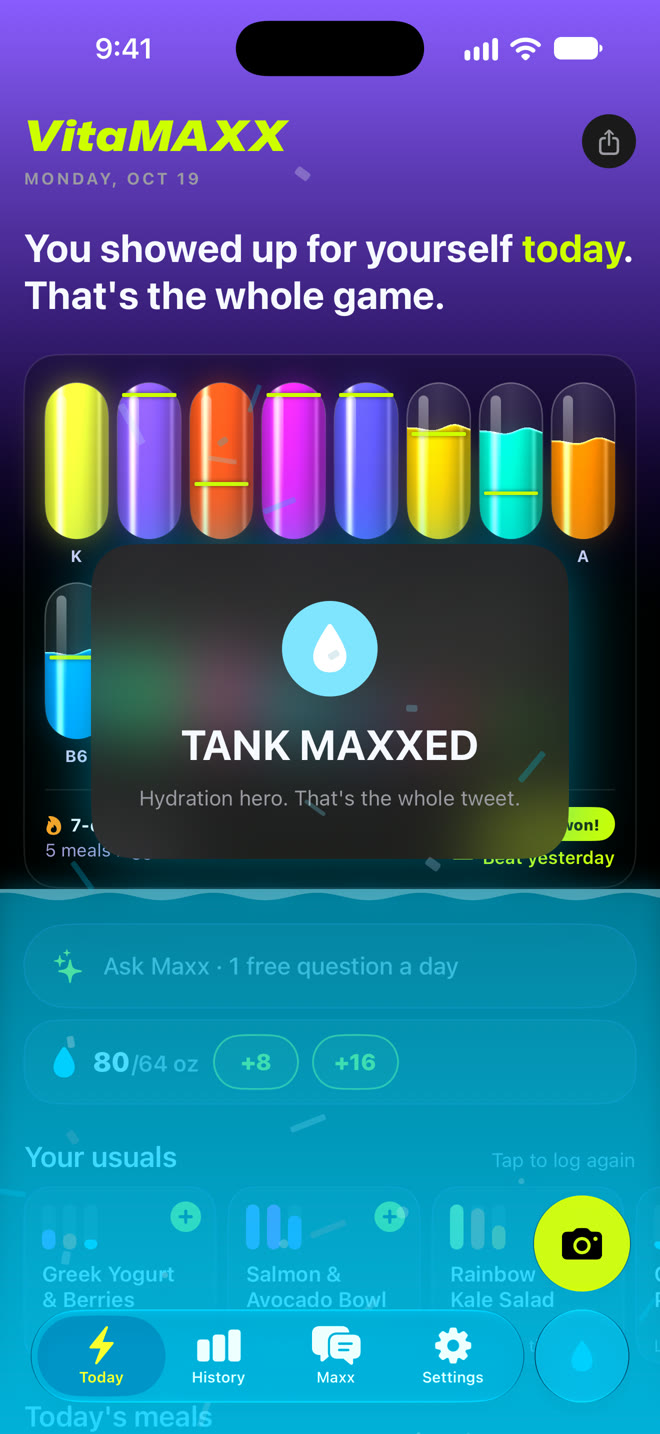 The water tank filling the screen when the daily goal is reached
